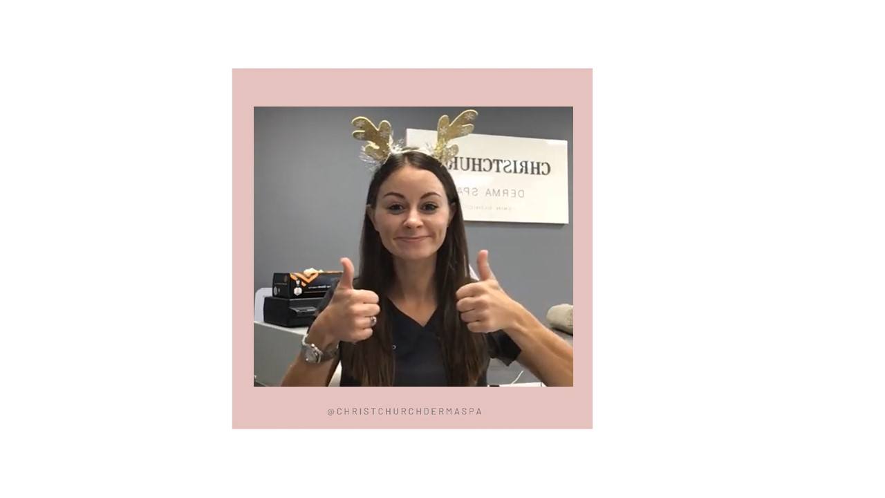Kirsty Campbell of Christchurch Derma Spa wearing christmas antlers to announce 12 days of Christmas skincare deals